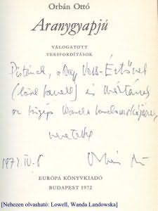 Orbán Ottó dedikációja az Aranygyapjú c. könyvéhez Bernáth Istvánnak és Mártának (1972)